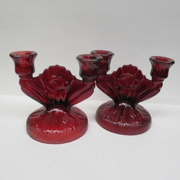 Jeannette Glass Ruby Flashed IRIS and HERRINGBONE Double Branch Candle Holders - Picture 2 of 5